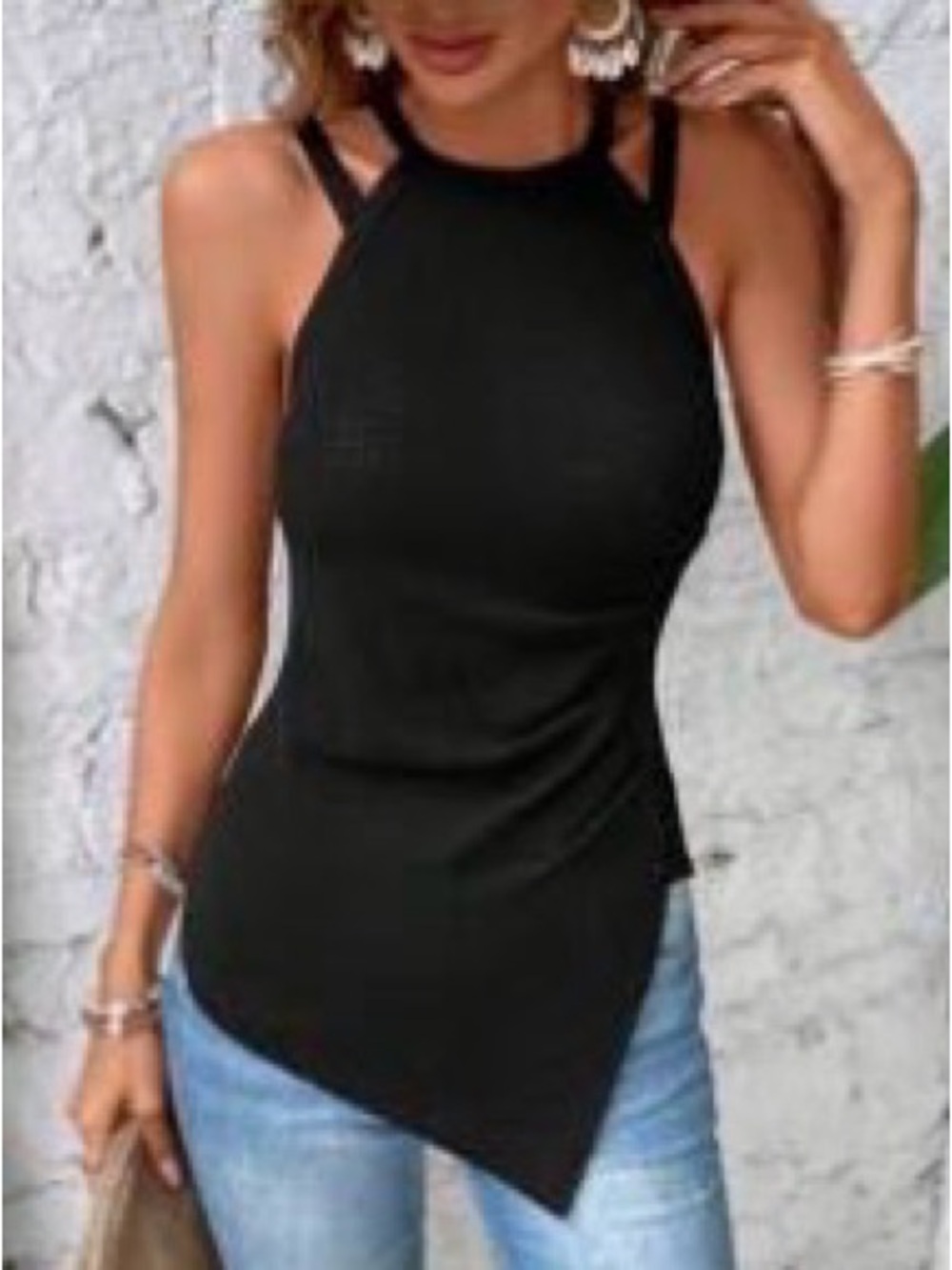 Women's Black Asymmetric Halter Tank Top